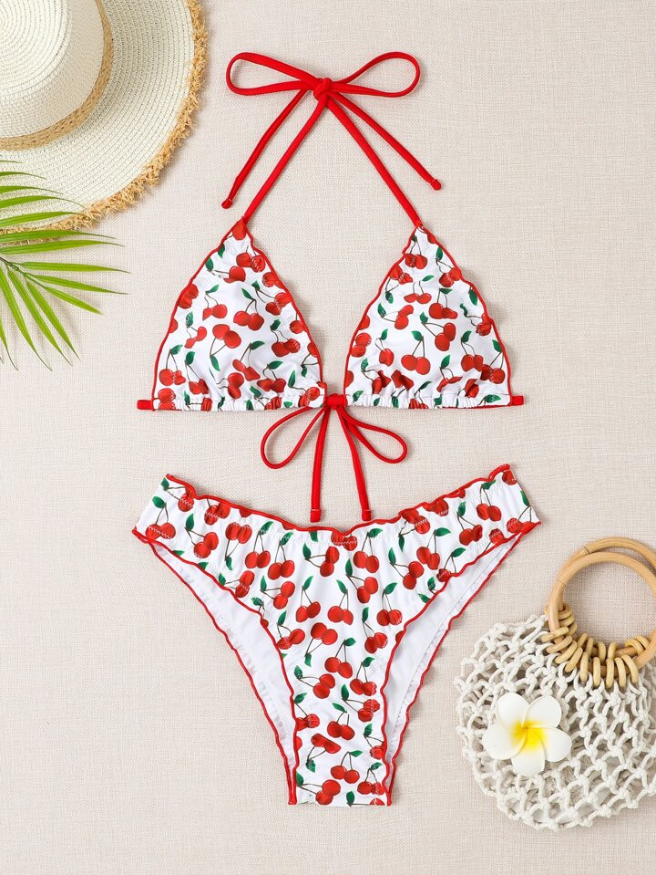 Swim Mod Summer Beach Cherry Print Halter Triangle Bikini Set | SHEIN