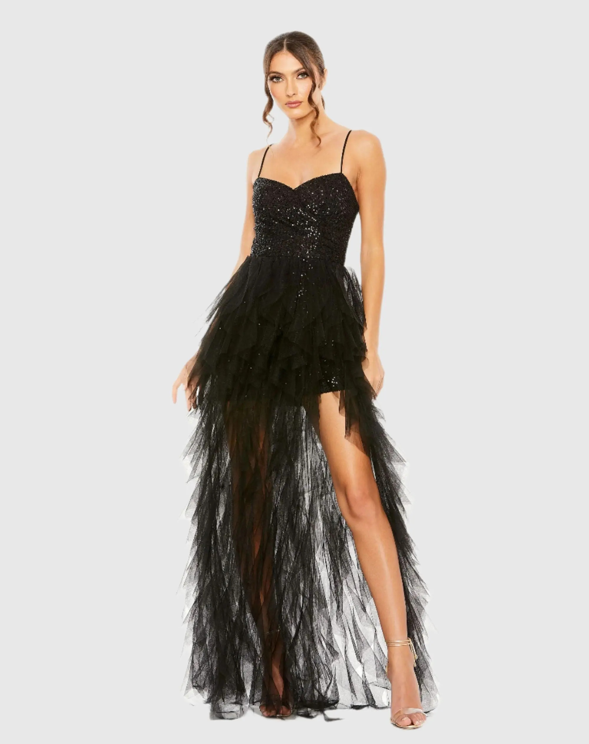 Black Sequin A-Line Dress with High-Low Ruffle Skirt | Mac Duggal | Mac Duggal