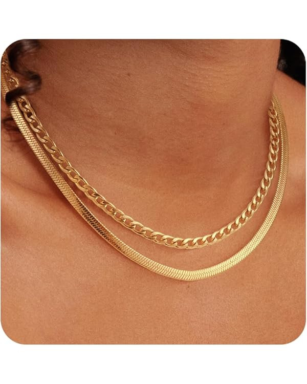 Layered Gold Necklaces for Women - 18K Gold Plated Herringbone Paperclip Chain Pearl Cuban Twist ... | Amazon (US)