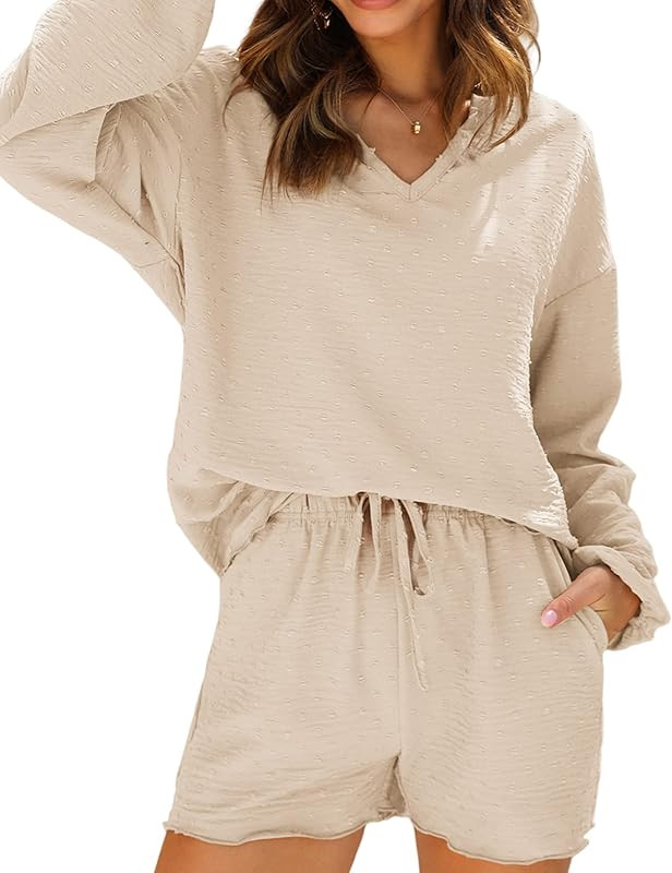 Ekoauer Lounge Sets for Women 2 Piece Swiss Dot Sleepwear Split V Neck Pjs with Pockets Long Slee... | Amazon (US)