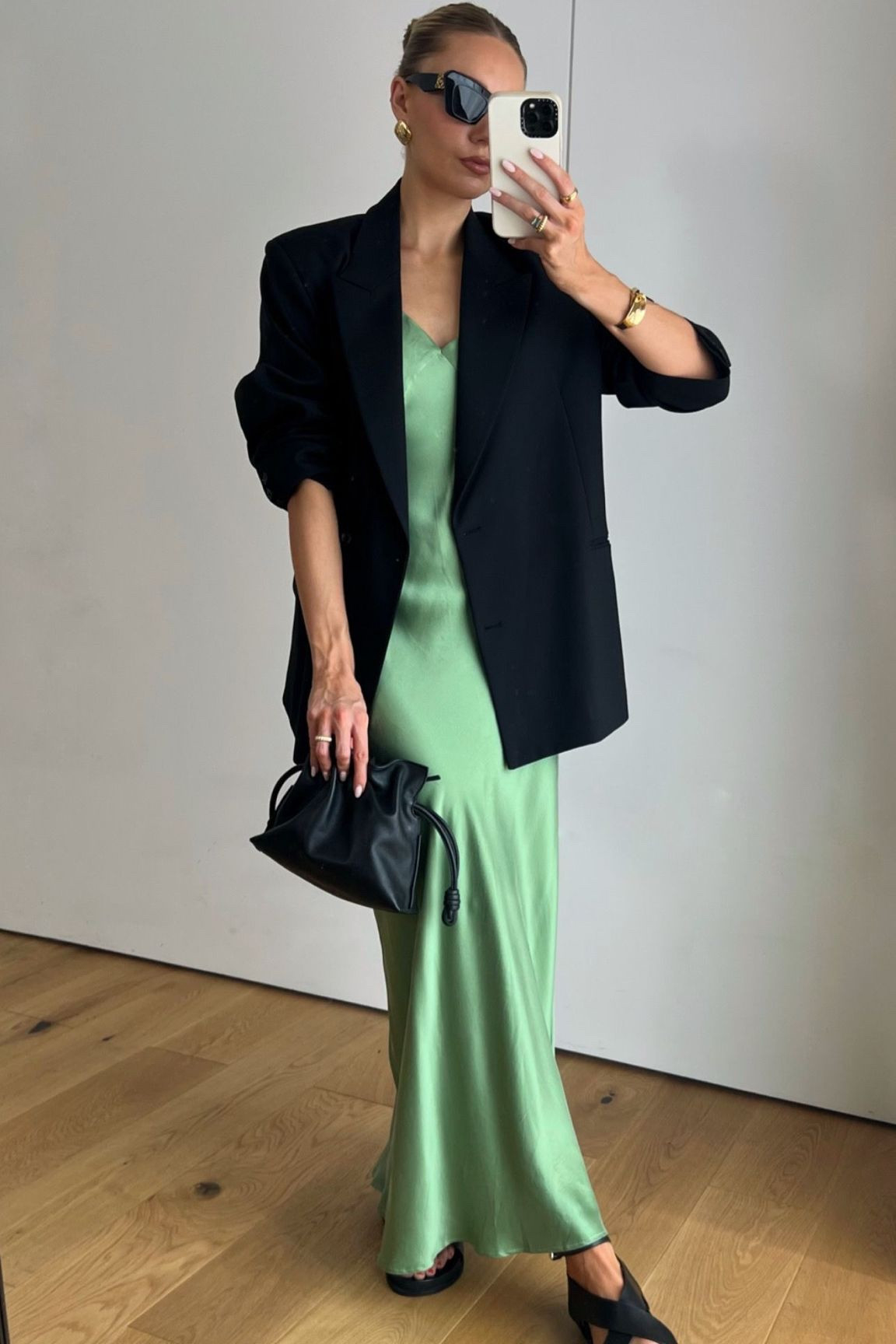 Green silk dress, black blazer, black sandals, black clutch bag, black sunglasses, gold bracelet

#LTKstyletip #LTKSeasonal #LTKeurope
