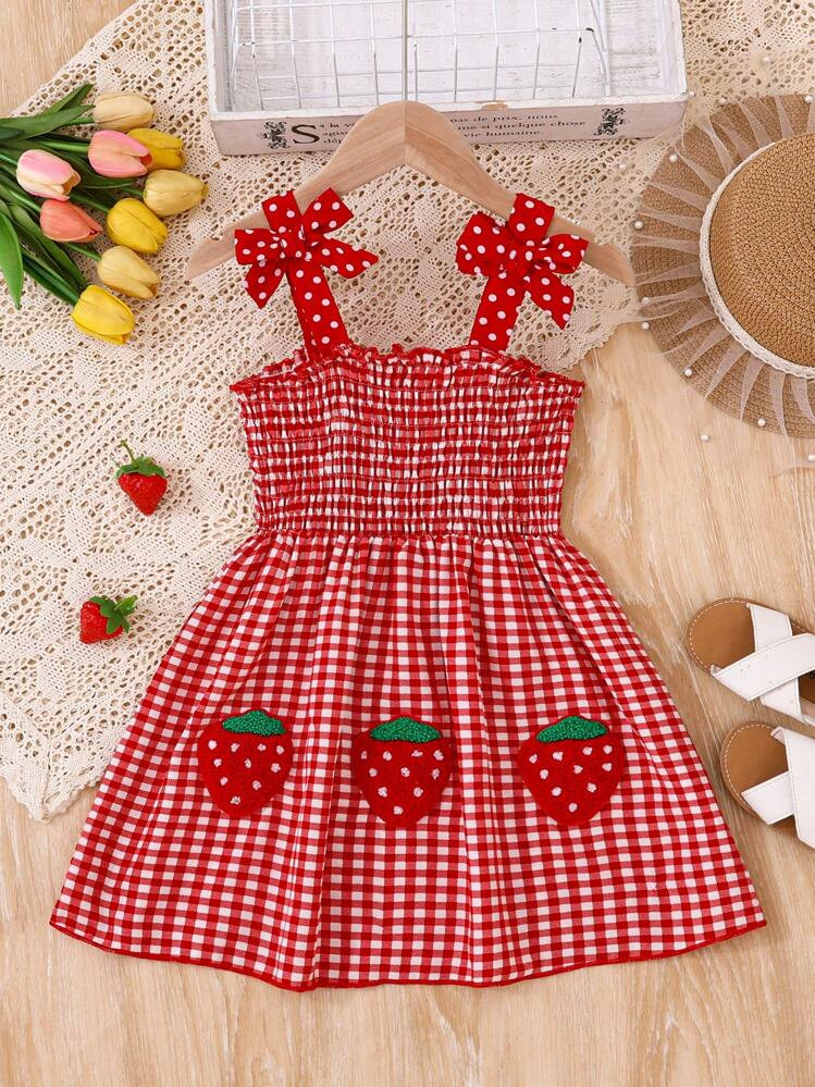 Young Girl Fashionable, Sweet Style Cute Strawberry & Patch Off Shoulder Spaghetti Strap Dress, Suitable For Party, Casual, Vacation, Outing, Home Wear, Summer | SHEIN
