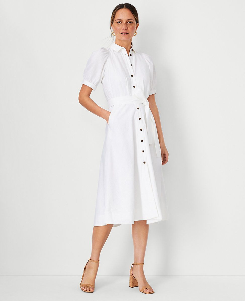 Linen Blend Puff Sleeve Pocket Shirtdress | Ann Taylor (US)