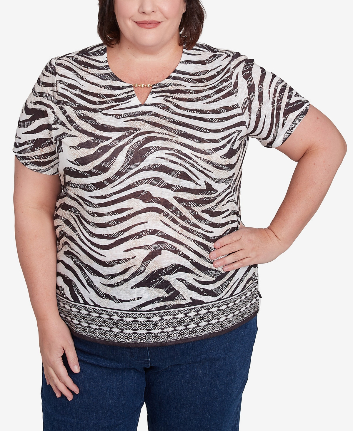 Alfred Dunner Plus Size Beaded Split Neck Animal Print Top - Black, Tan | Macy's