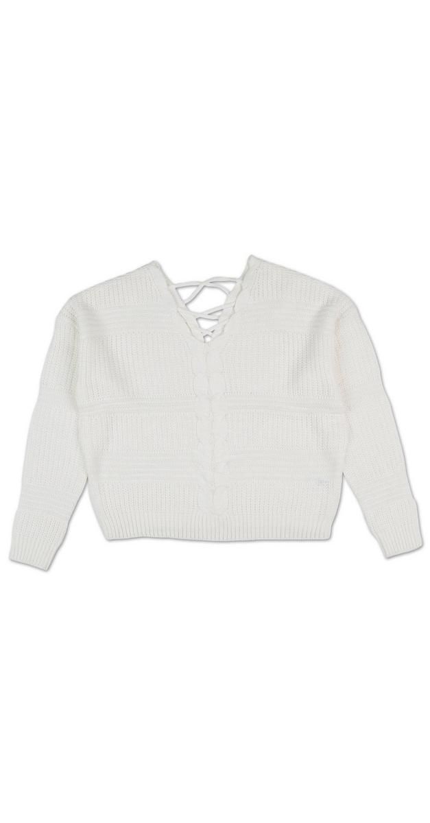Juniors Cable Knit Lace-Up Sweater - White-White-2297985750810   | Burkes Outlet | bealls