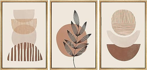 Framed Boho Wall Art Set of 3, Mid-Century Modern Wall Art, Framed Canvas Wall Art Moon Botanical Geometric Neutral Abstract Artwork Prints Minimalist Boho Room Wall Decor Ready To Hang for Living Room, Bedroom, Bathroom, Office (16"x24") | Amazon (US)