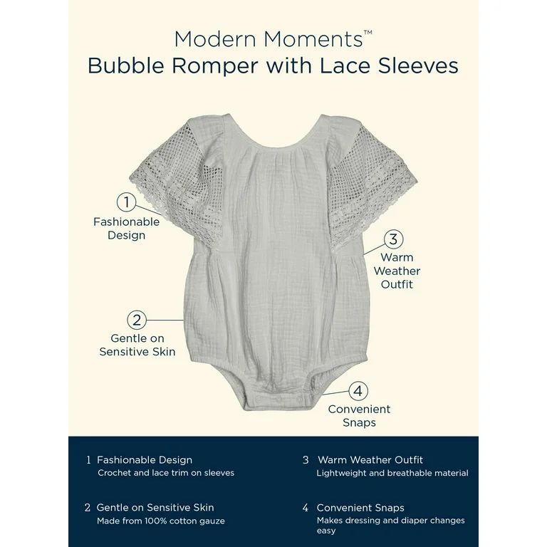 Modern Moments By Gerber Baby Girl Cotton Romper with Lace Sleeves, Sizes 0/3 Months - 24 Months | Walmart (US)