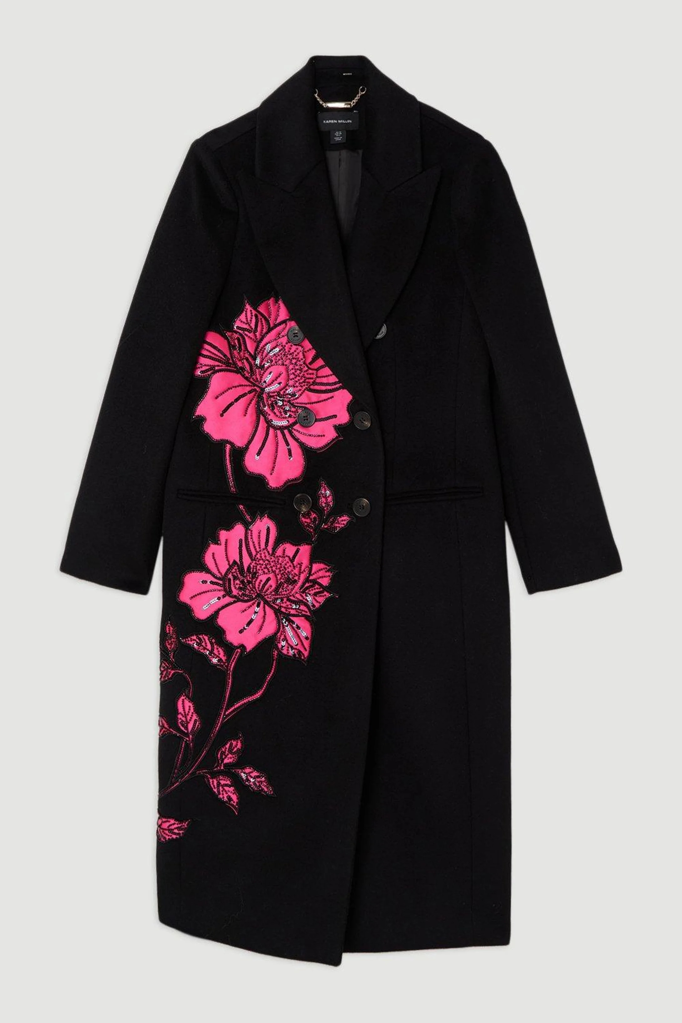Wool Blend Satin Applique Embellished Double Breasted Tailored Midi Coat | Karen Millen US