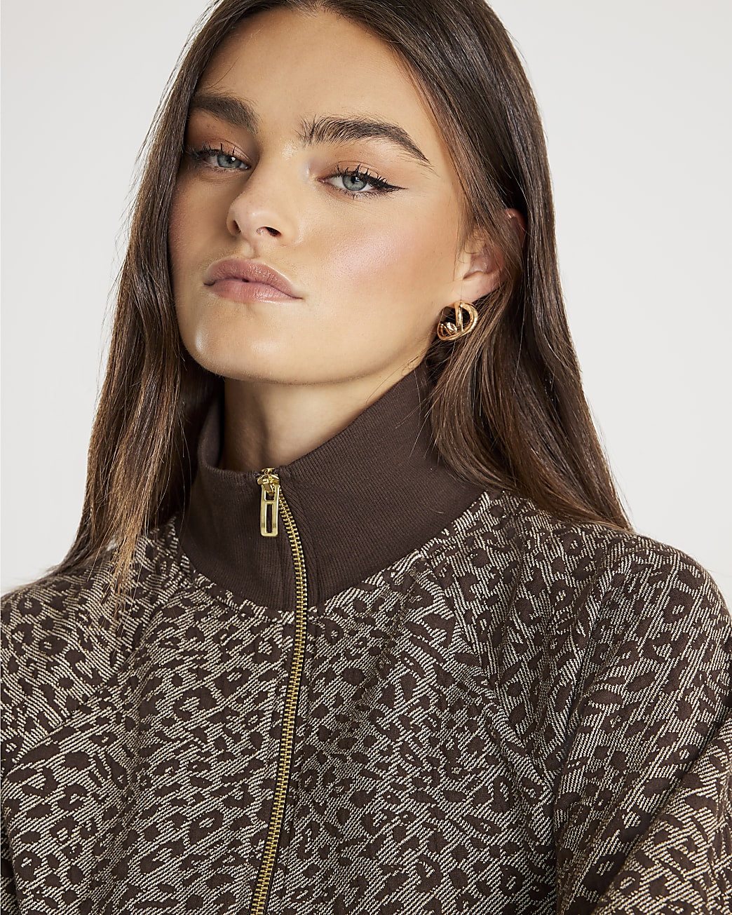 Brown Leopard Print Zip Neck Sweatshirt | River Island UK & IE