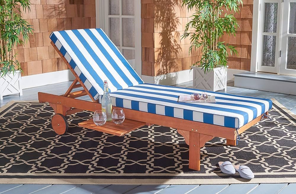 SAFAVIEH Outdoor Collection Newport Natural/ Blue & White Stripe Cushion Built-in Side Table Adjustable Chaise Lounge Chair | Amazon (US)