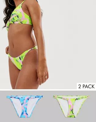 ASOS DESIGN multi pack twist side high leg hipster bikini bottom in lilac and pink neon leaf prin... | ASOS US