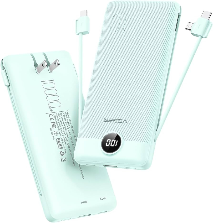 VEGER Portable Charger with Built-in AC Plug and Cables, All in One 10000mAh Ultra Slim Power Ban... | Amazon (US)