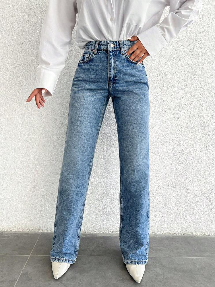 EURMUSE 100%Cotton High Waist Straight Leg Jeans | SHEIN