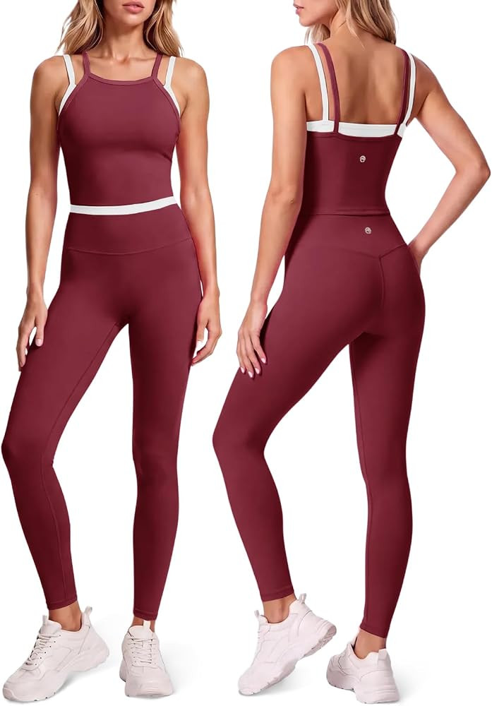 Aoysky Womens 2 Piece Workout Sets Padded Tank Top High Waist Leggings Set | Amazon (US)