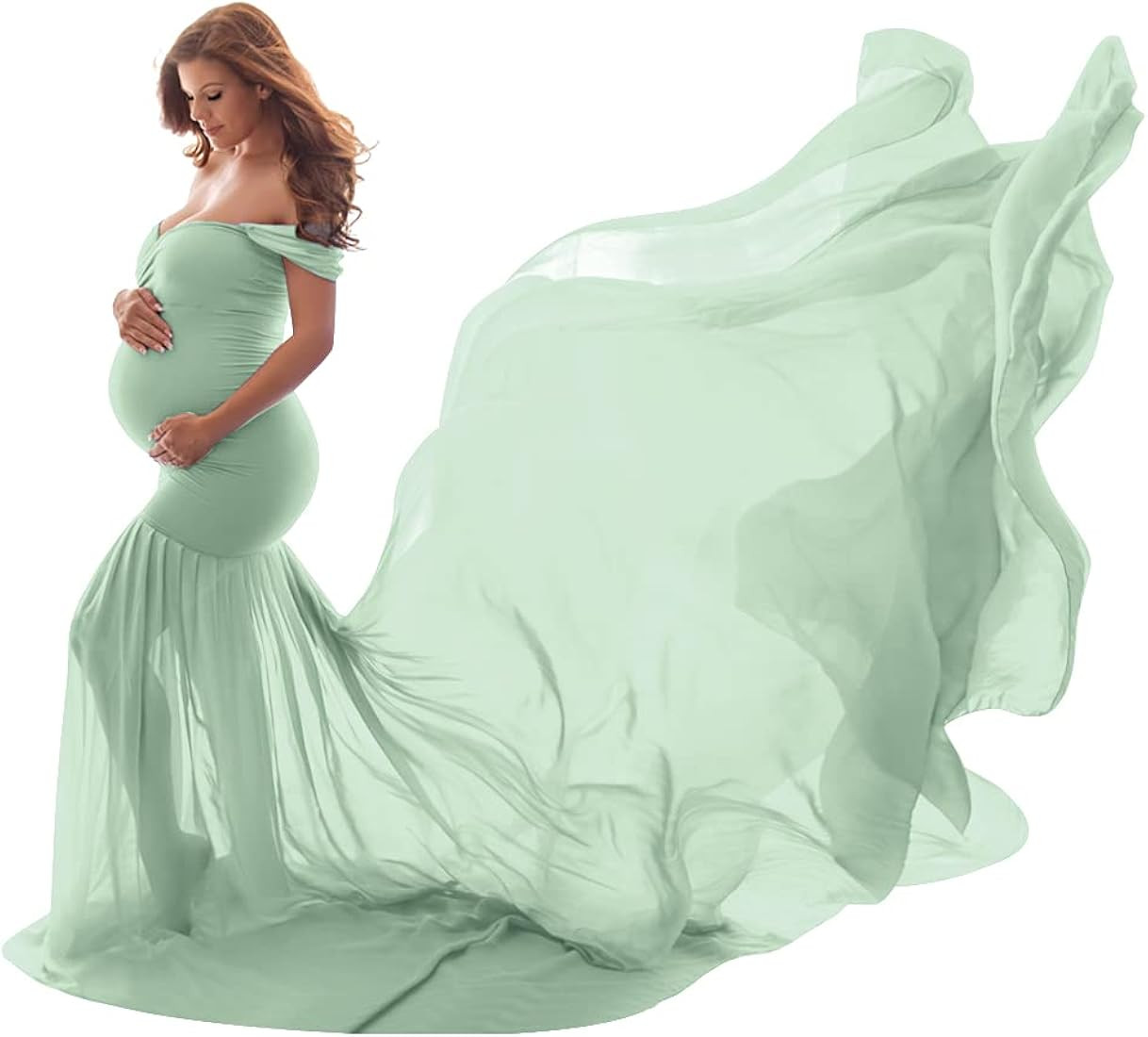 Women Maternity Dress for Photography Mermaid Off Shoulder Slim Fitted Chiffon Gown Flowy Baby Sh... | Amazon (US)