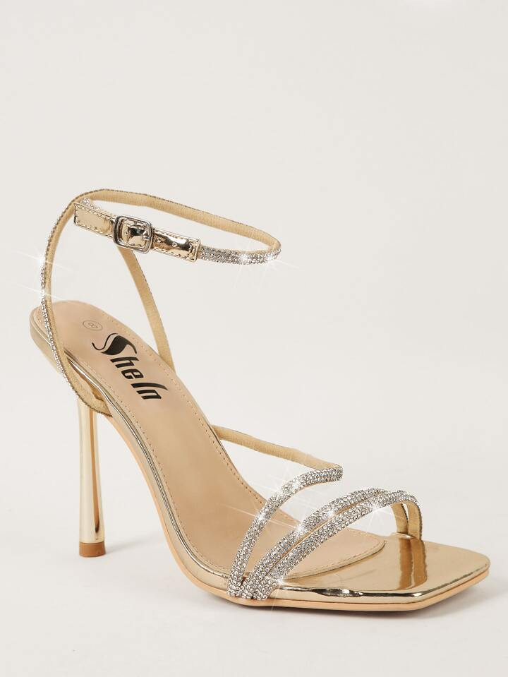 SHUZIA Women's Cross Straps Rhinestone Ankle Strap Dressy High Heels Wedding Shoes | SHEIN