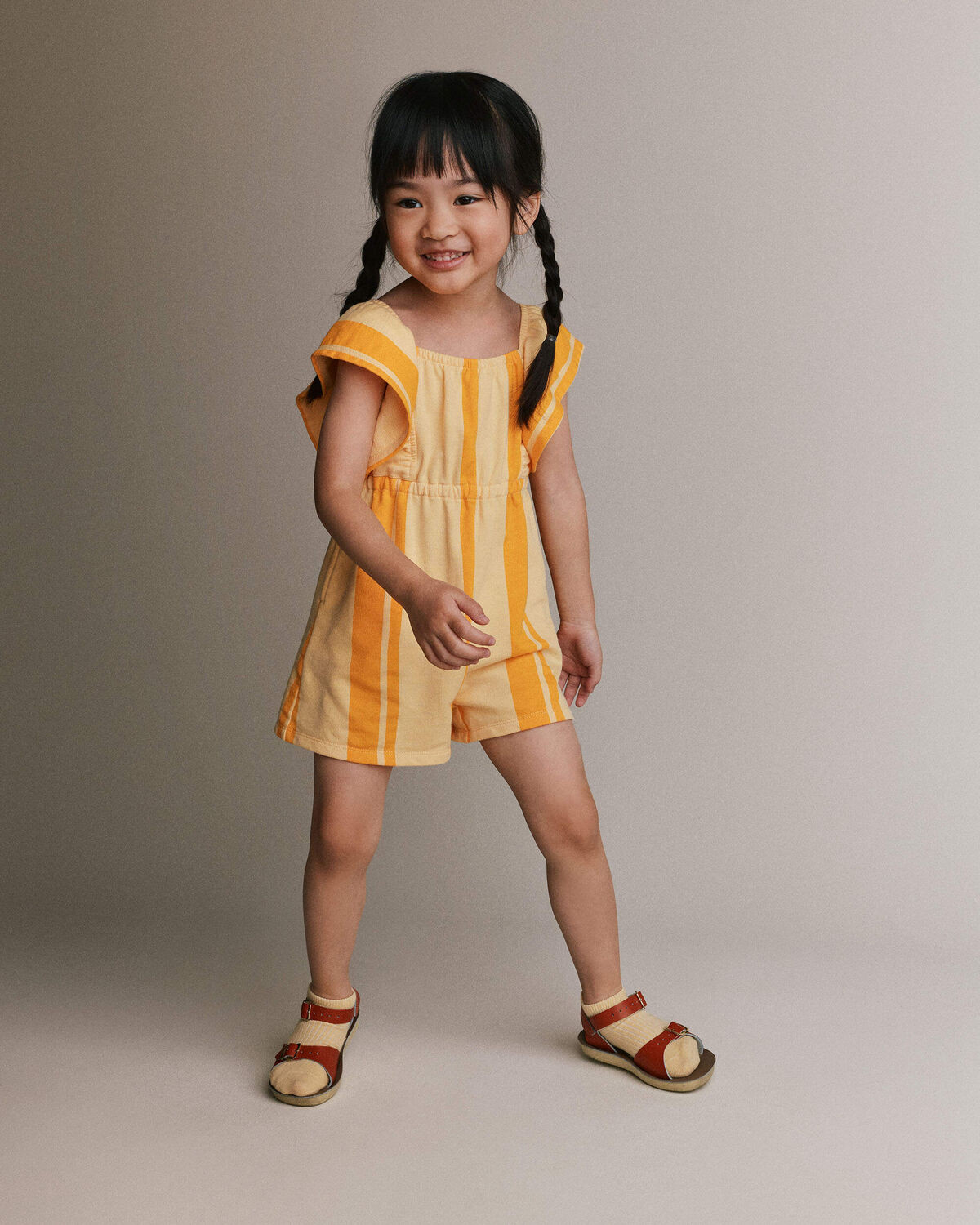 Toddler Girl Ruffle Sleeve Romper in Stripes - Yellow | Carter's Inc