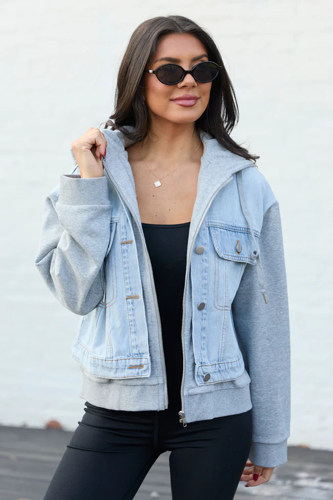 Jazzy Denim French Terry Hooded Jacket | Pink Lily