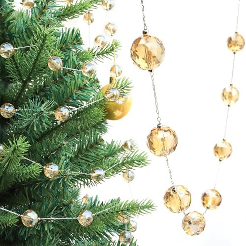 LEFERS 9.8Ft Crystal Glass Balls Christmas Garland,48 Beads 16mm Faceted Prism Beads Strands Hanging Ornament Decoration for Christmas Tree Centerpieces Wedding Party (Gold) | Amazon (US)