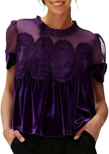 Gozoloma Women's Velvet Lace Blouse Casual Round Neck Short Sleeve Flared Swing Top Elegant Loose... | Amazon (US)