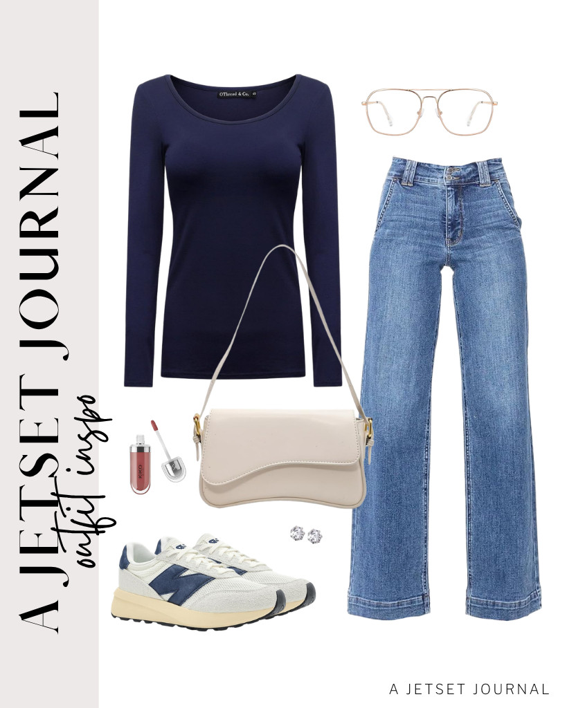 The next outfit is this navy blue OThread & Co. paired with Astylish high-waisted jeans. Style this look with a shoulder bag and New Balance sneakers. Wear these stud earrings, too. 

 #LTKSeasonal #LTKSaleAlert #LTKTravel