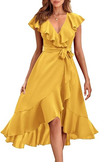 PRETTYGARDEN Women's 2025 Summer Wrap Midi Dress Casual Boho Deep V Neck Short Sleeve Ruffle Hem ... | Amazon (US)