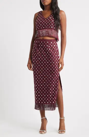 Saylor Embellished Fringe Crop Top & Midi Skirt Set in Rumba Red at Nordstrom Rack, Size Small | Nordstrom Rack