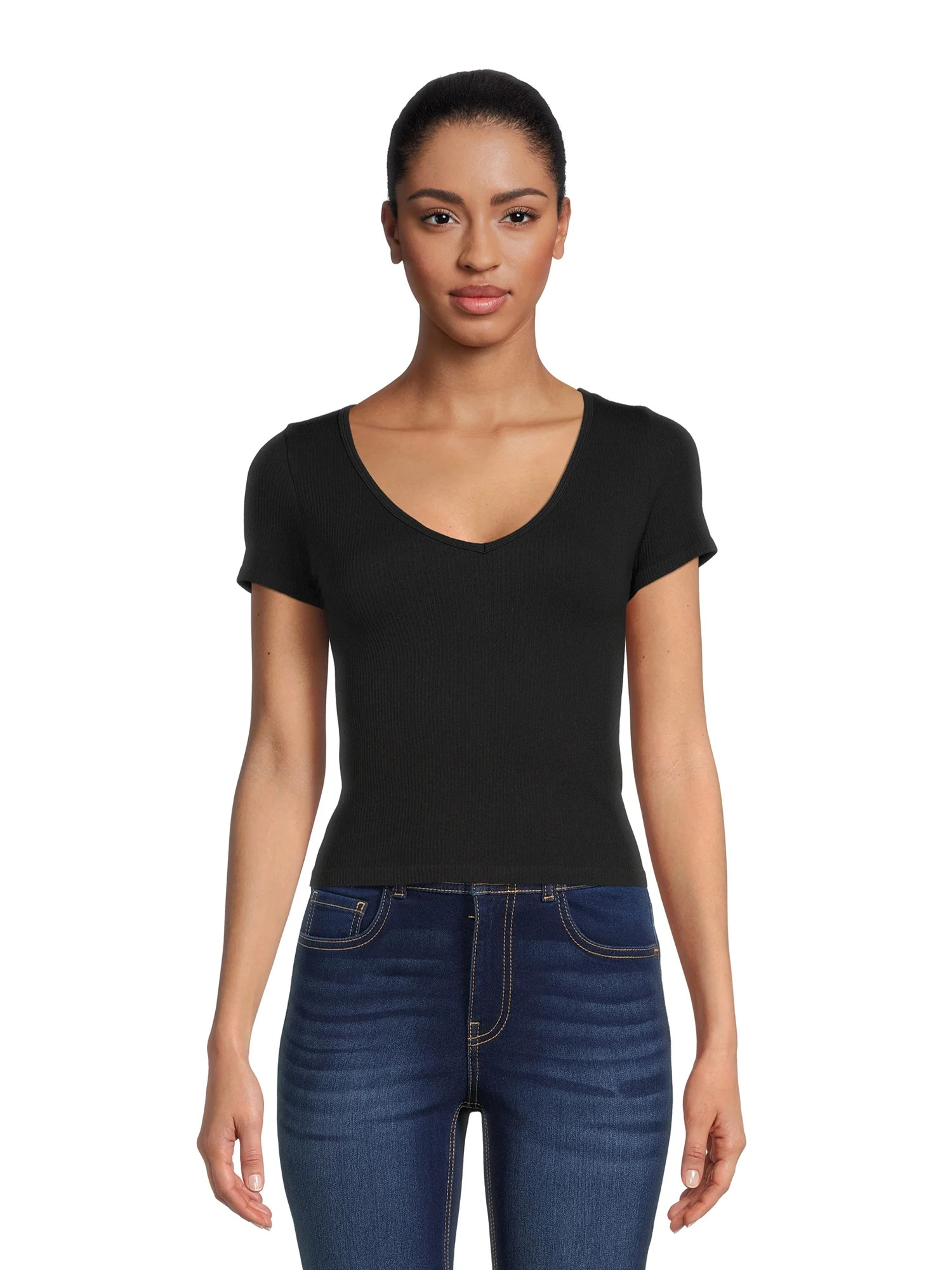 No Boundaries Juniors Seamless V-Neck T-Shirt | Walmart (US)