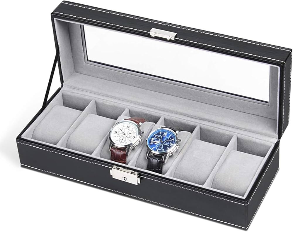 NEX 6 Slot Leather Watch Box Display Case Organizer Glass Jewelry Storage Black | Amazon (US)