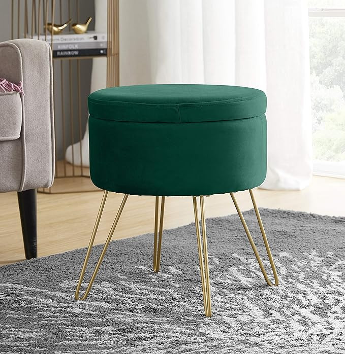 Ornavo Home Modern Round Velvet Storage Ottoman Foot Rest Vanity Stool/Seat with Gold Metal Legs ... | Amazon (US)