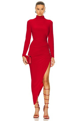 Norma Kamali Long Sleeve Turtleneck Side Drape Gown in Red | FWRD 