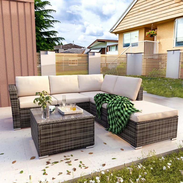 4 Piece Patio Furniture Set, All-Weather Outdoor Sectional Sofa Set, PE Rattan Conversation Set w... | Walmart (US)