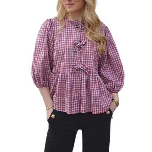 Short Puff Sleeve Peleum Blouse Y2k Women Ruffle Bow Tie Front Top Crop Cute Lace Up Shirt Babydoll Aesthetic (Red Gingham Plaid Checkered, M) | Amazon (US)