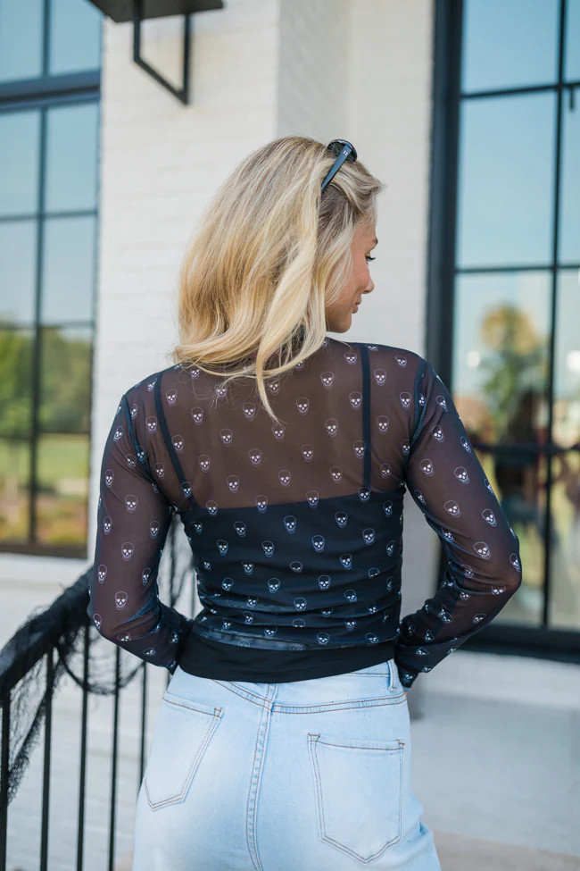 Dying To Meet You Black Skull Print Mesh Mock Neck Top Macy Blackwell X Pink Lily FINAL SALE | Pink Lily