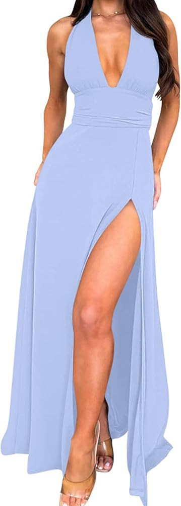 GOKATOSAU Women's Sexy Sleeveless Halter V Neck Ruched Waist Tie Back Side Split Long Maxi Dress | Amazon (US)