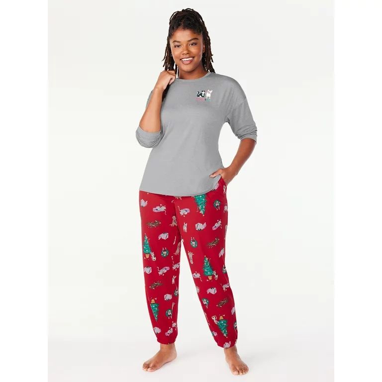 Joyspun Women’s Long Sleeve Tee and Joggers, 2-Piece Pajama Set, Sizes S-3X | Walmart (US)