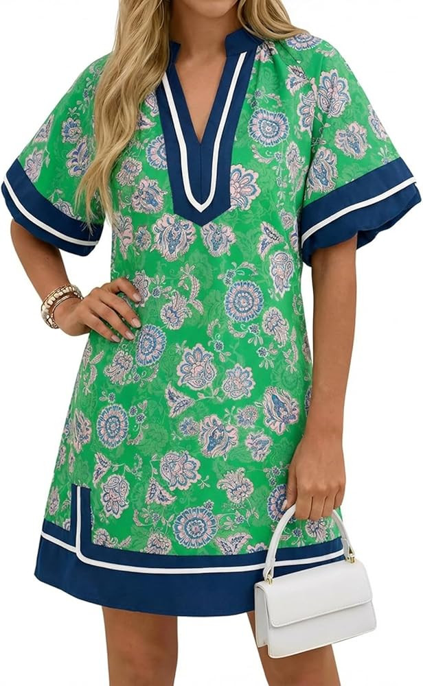 Wenrine Womens Summer Mini Dress Puff Sleeve Casual V Neck Floral Color Block Side Slit Loose Shi... | Amazon (US)