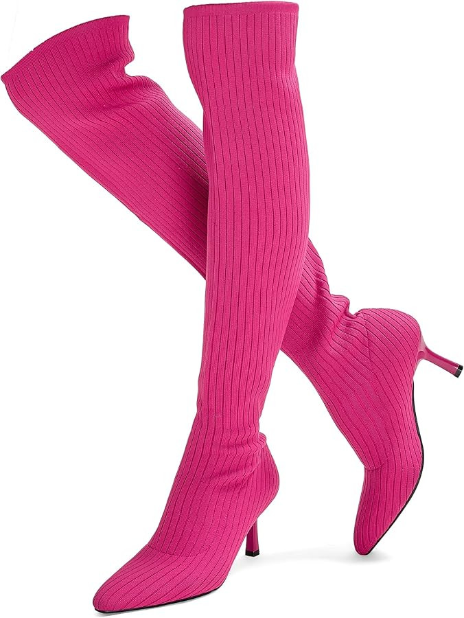 ErikenUrben Women Over The Knee Knit Boots High Heel Thigh High Socks Boots Pointed Toe | Amazon (US)
