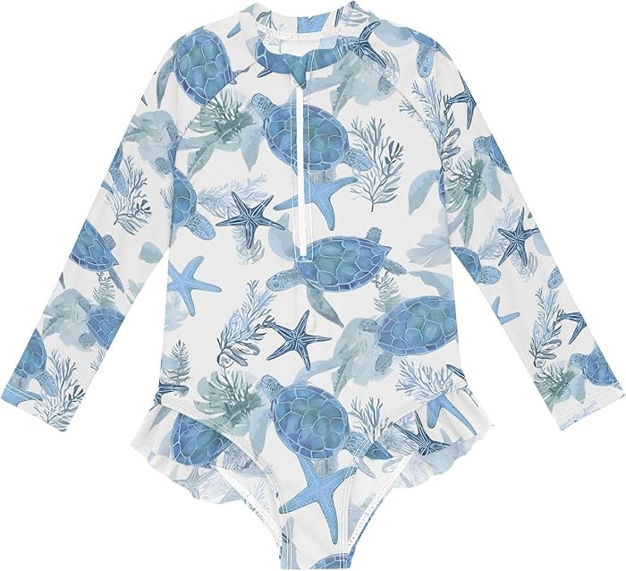 ALAZA Toddler Swimsuit Girl Bathing Suit Swimwear Rash Guard Beach Coastal Turtles Long Sleeve 3T | Amazon (US)