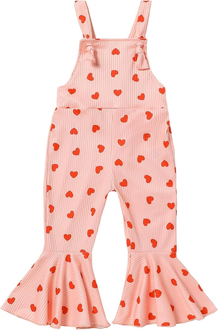 Toddler Girl Valentine's Day Outfits Baby Girl Ribbed Sleeveless Bell-Bottoms One-Piece Romper He... | Amazon (US)