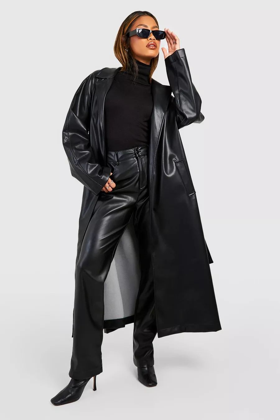 Oversized Faux Leather Belted Trench Coat | Boohoo.com (US & CA)