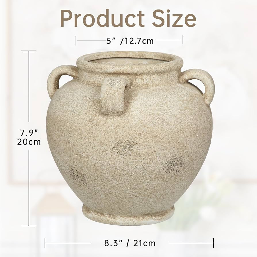 Rustic Ceramic Vase with Handles \u2013 Antique-Style Beige Farmhouse Pottery Decorative Urn for ... | Amazon (US)
