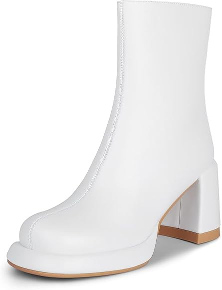ISNOM Platform Boots for Women with Low Chunky Heel, Round Toe Side Zipper Ankle Boots for Women | Amazon (US)