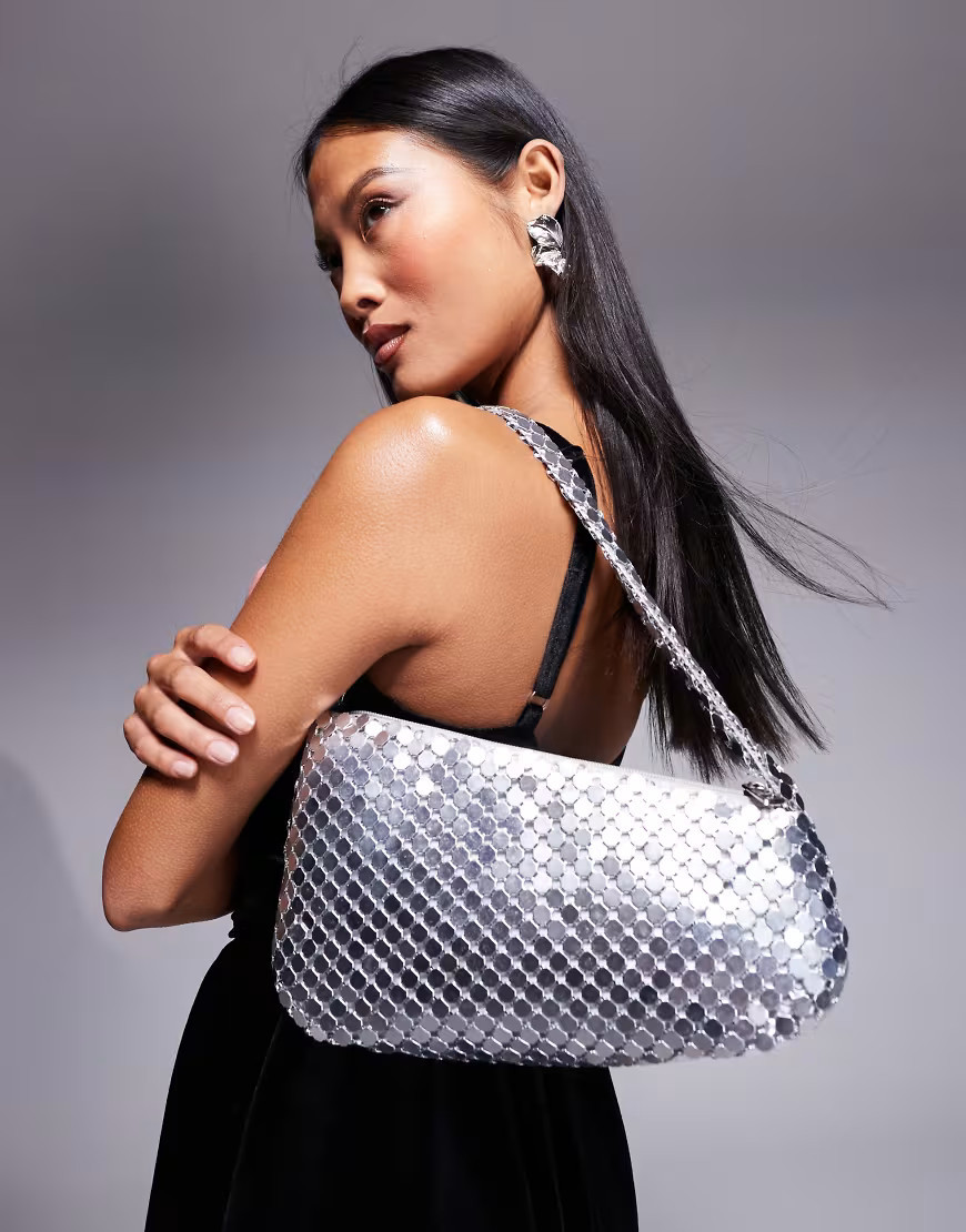 ASOS DESIGN asymmetric chainmail shoulder bag in silver | ASOS (Global)