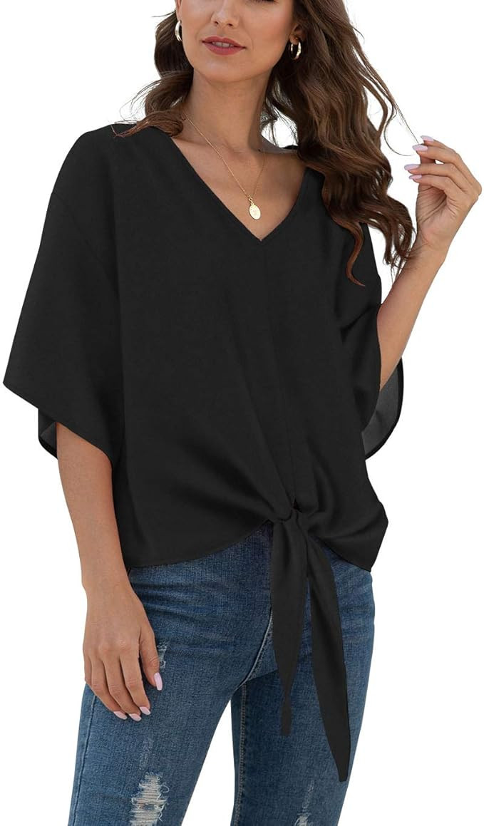 VIISHOW Womens Tie Front Chiffon Blouses V Neck Batwing Short Sleeve Summer Tops Shirts | Amazon (US)