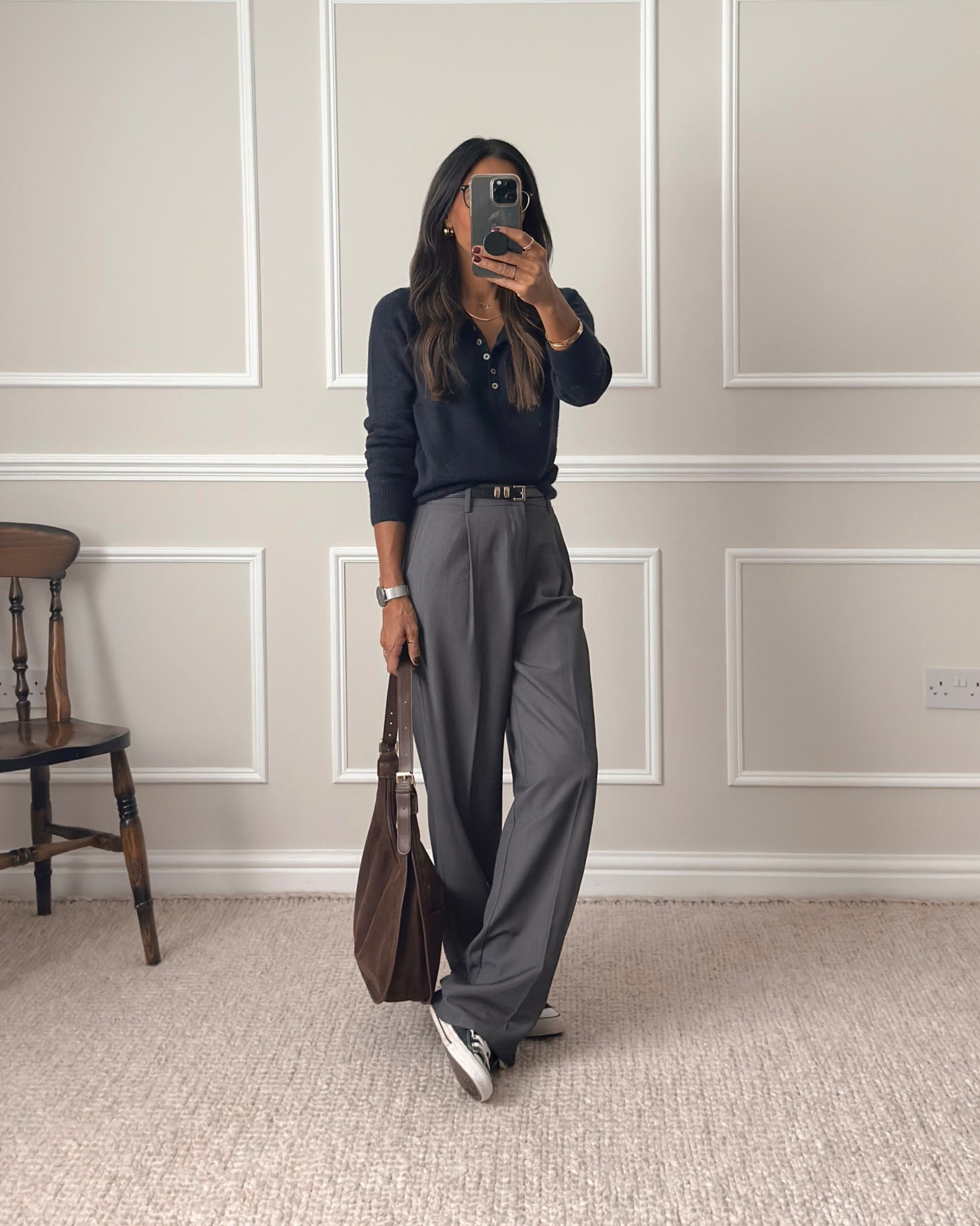 Polo jumper - wearing size medium - I’d recommend sizing up if you want a relaxed feel

High waist wide leg trousers - wearing my regular size - UK size 8. If you’re around my height -5’5, you may need to hem them along the back like I have as they are a little long but would be fine with heels/boots.