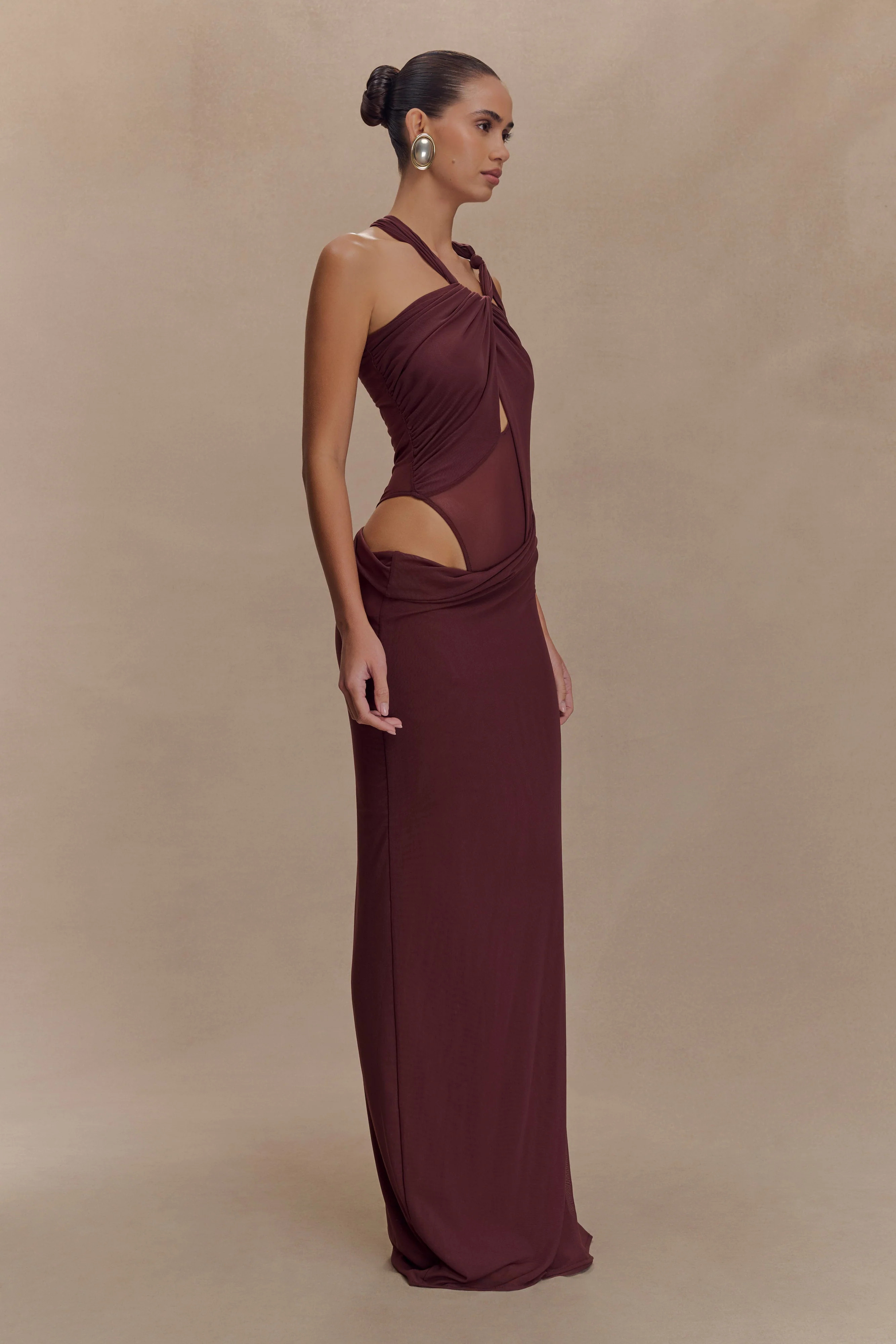 Edwina Knotted Mesh Maxi Dress - Mahogany | MESHKI US