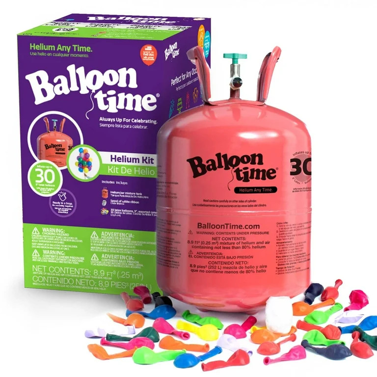 Balloon Time 9.5in Medium Helium Tank Kit with Colorful Latex Balloons, 8.9 cu ft, 30 Count | Walmart (US)
