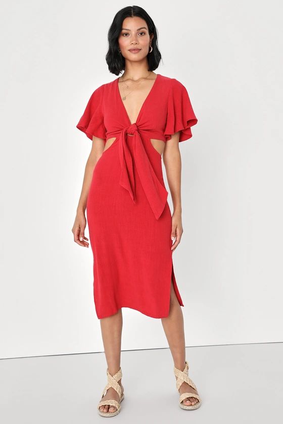 Summer Journey Red Tie-Front Cutout Midi Dress | Lulus