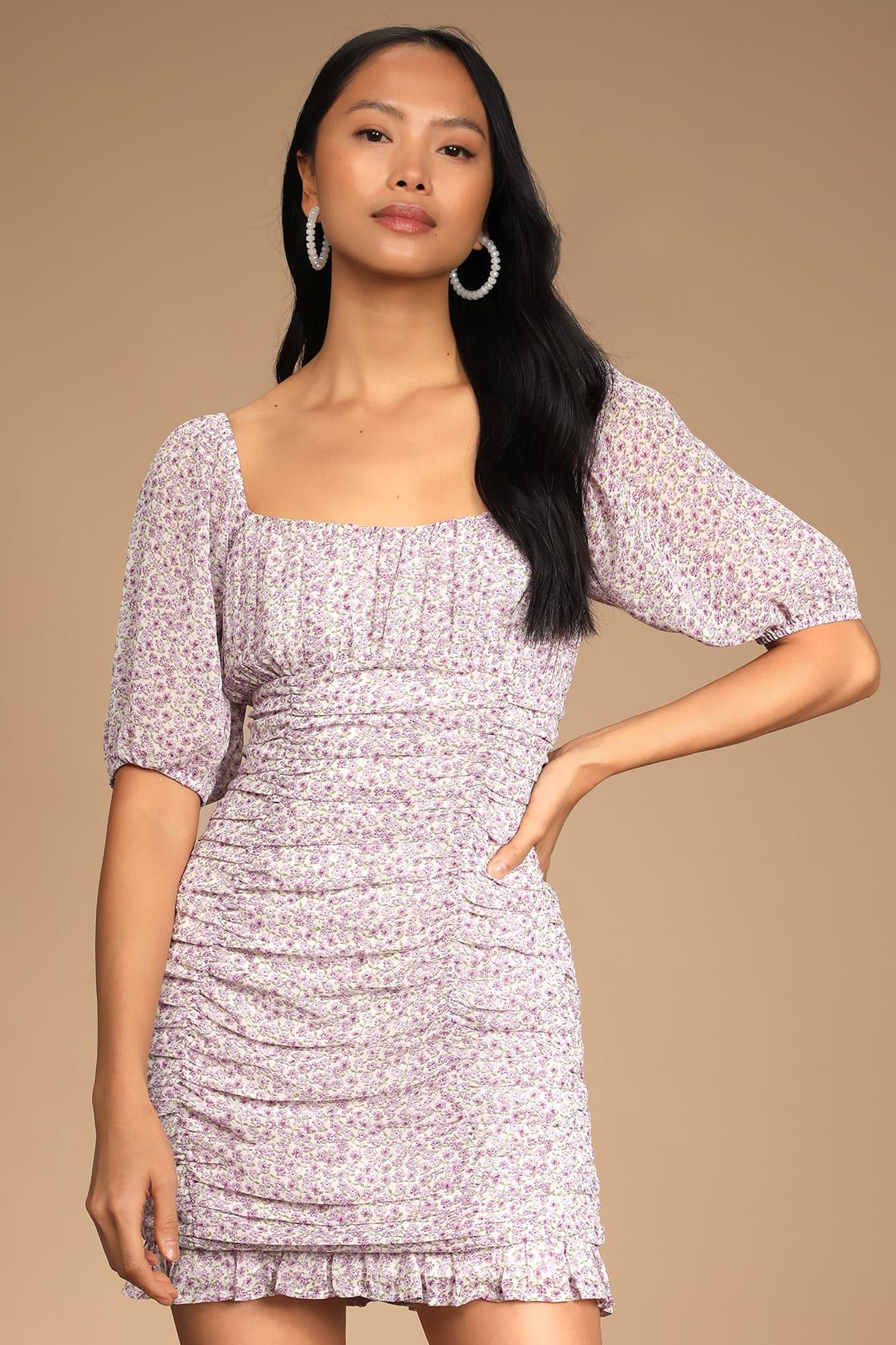 Bring Spring Lavender Floral Print Ruched Puff Sleeve Mini Dress | Lulus (US)